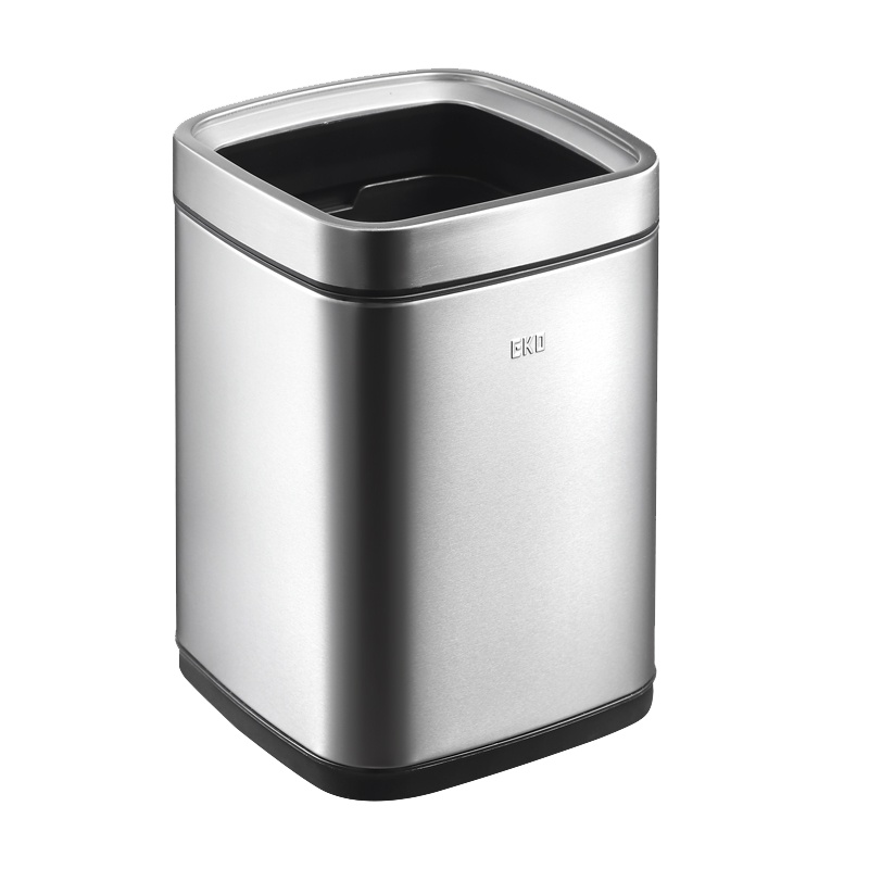 宜可(EKO)开口垃圾桶 创意不锈钢垃圾桶家用无盖客厅卫生间欧式简约厨房带压圈垃圾筒EK9088-6L 砂钢