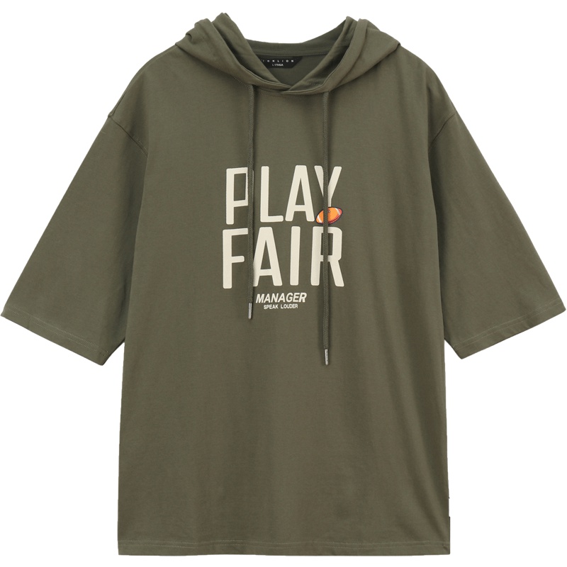 唐狮2019夏季新款短袖卫衣男装连帽半袖五分图案T恤宽松薄款潮牌