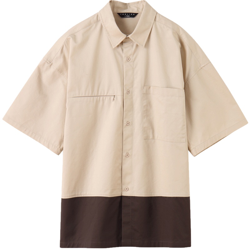 唐狮2019夏季拼接翻领短袖衬衫男港风宽松休闲潮流廓形学生衬衣潮