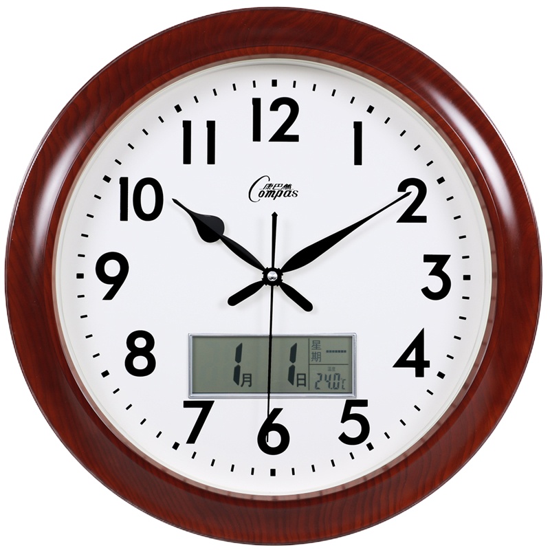 企购优品康巴丝16寸欧式钟表客厅创意办公静音挂钟石英钟万年历挂表 2822Y仿木液显