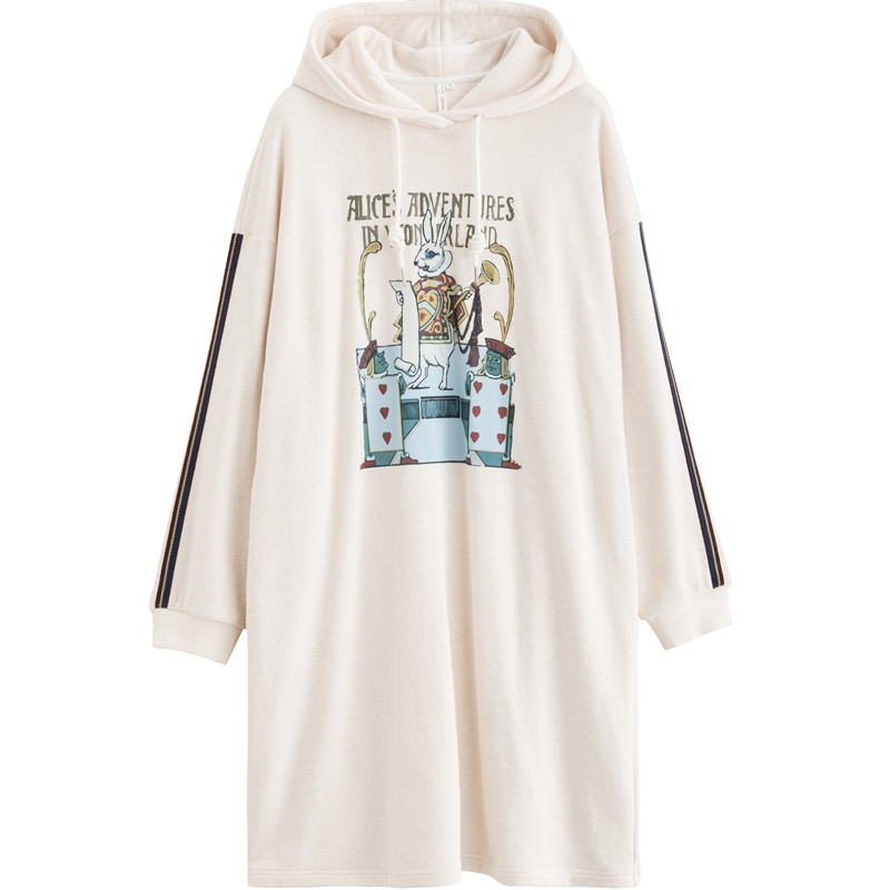 茵曼长款卫衣2019秋季新款时尚抽绳连帽可爱卡通印花文艺卫衣裙女