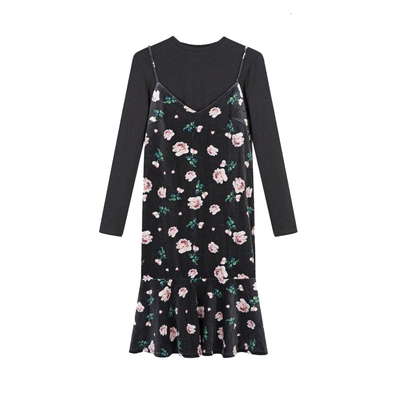 拉夏贝尔秋季女装新款淑女针织吊带显瘦两件套装连衣裙女10016479