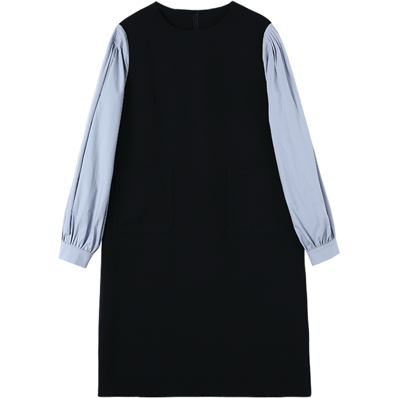 云上生活长袖连衣裙春夏款法式中长款拼接假两件套头连衣裙