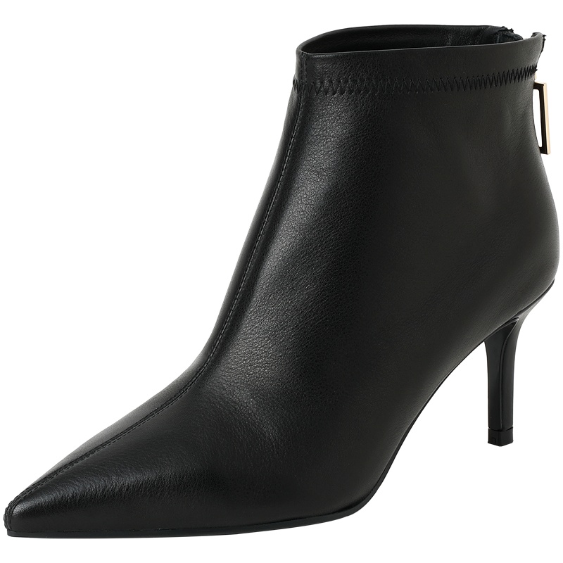 百田森冬季新款踝靴女细跟时尚百搭尖头耐磨耐穿真皮短靴女