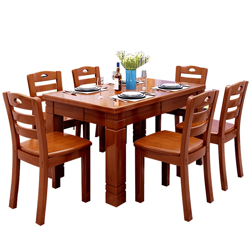 欧宝美实木餐桌椅组合简约现代小户型饭桌经济型餐桌长方形1桌6椅