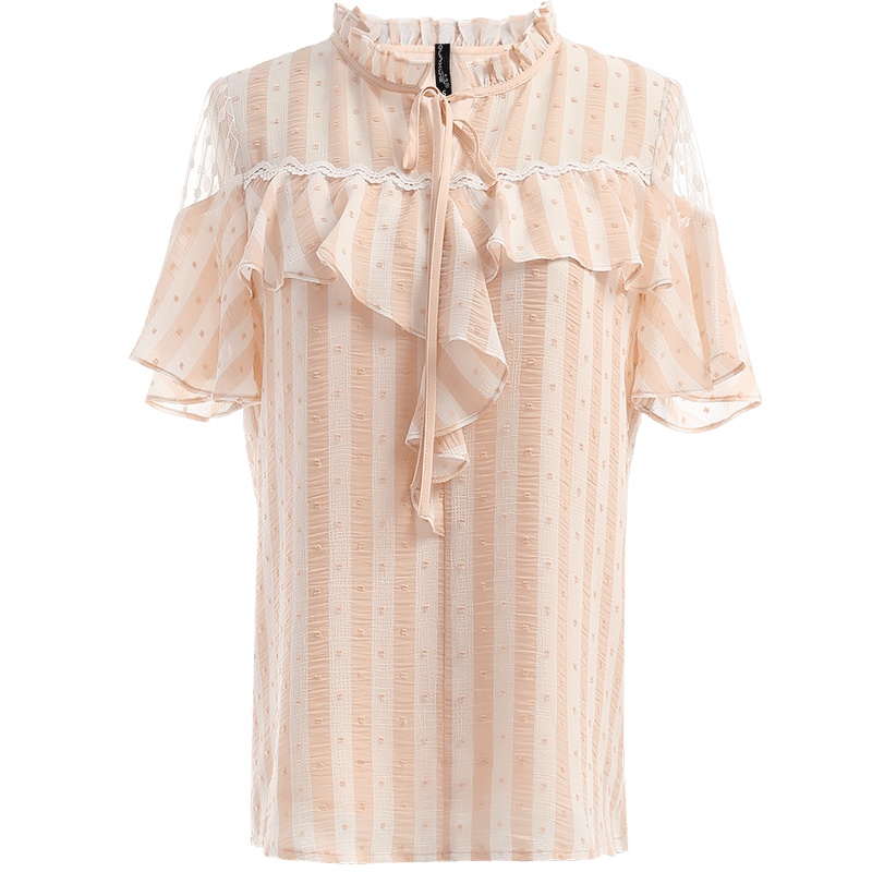 欧昵雪夏季木耳边拼接荷叶边袖轻薄透视圆点条纹雪纺衫上衣女短袖