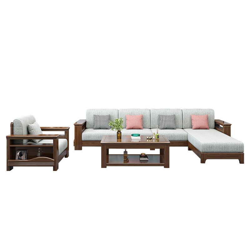 锐取沙发 胡桃木实木沙发客厅组合大小户型现代中式转角布艺沙发套装精品家具沙发组合