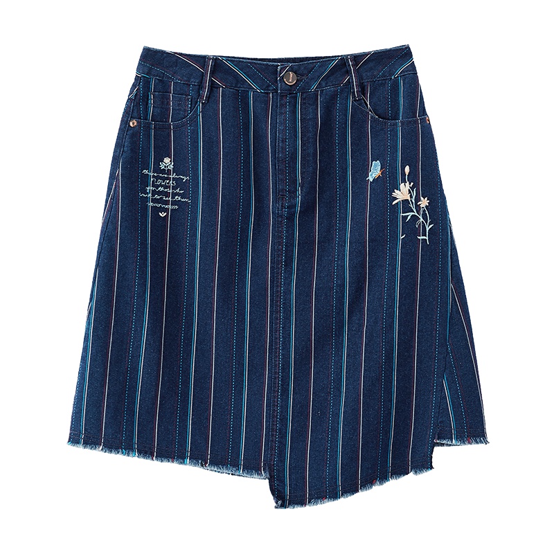 茵曼2019夏装新款文艺竖条纹绣花不规则摆A字简约显瘦半身短裙女