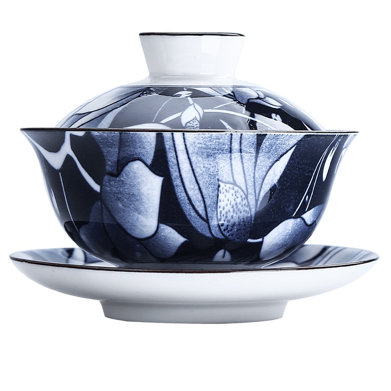 領藝 青花盖碗茶杯大号家用陶瓷三才泡茶碗功夫景德镇风格茶具 白兰荷盖碗