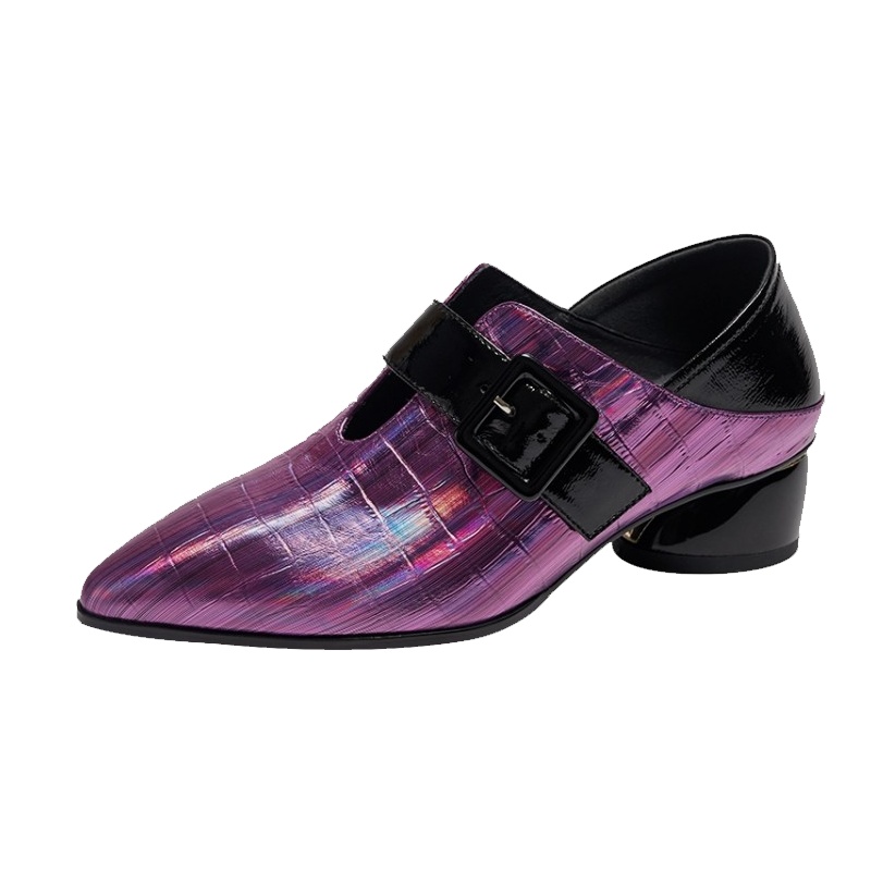 格瑞迪欧牛皮 紫色亮皮尖头浅口鞋2020春季新款时尚通勤低跟粗跟方扣灰色单鞋女177-7