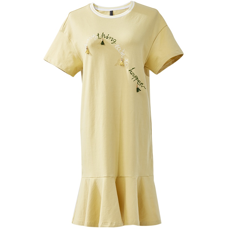 欧昵雪字母绣花宽松短袖圆领T恤连衣裙女学生鱼尾裙中长款裙子夏