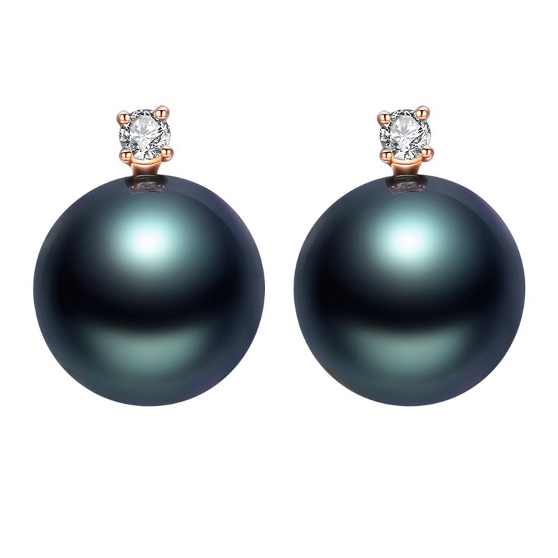 brir 佰色传情正圆8-9mm大溪地黑珍珠耳钉耳环女18K金钻石正品女