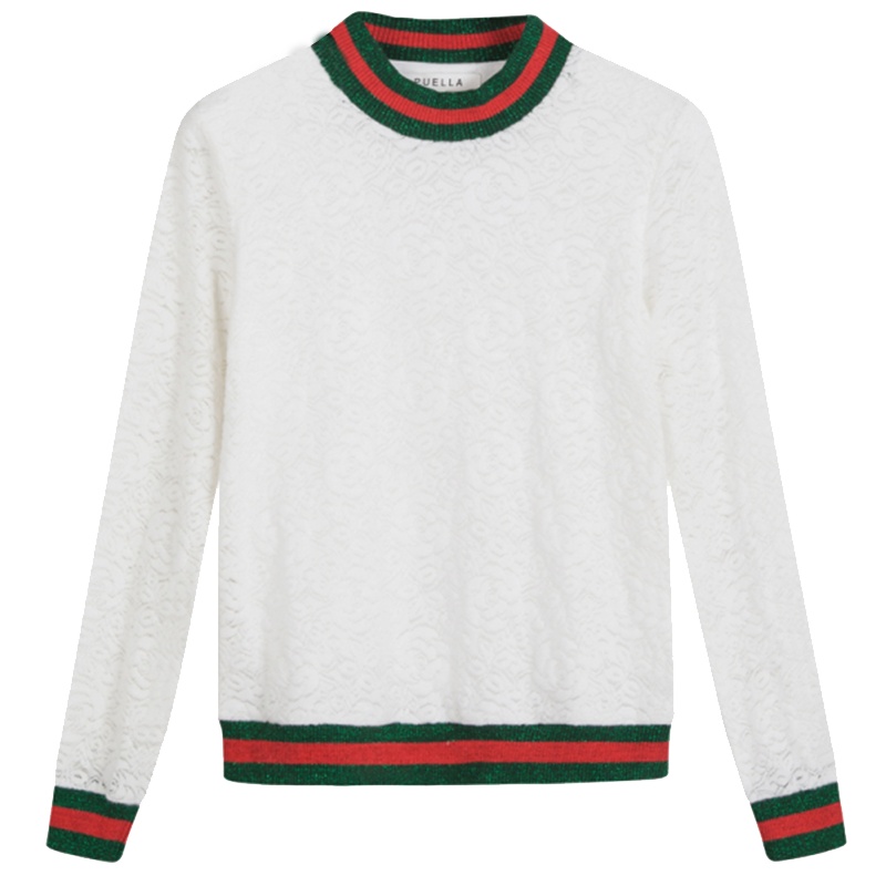 拉夏贝尔Puella春秋新款甜美撞色镂空蕾丝圆领显瘦套头针织衫女20011128