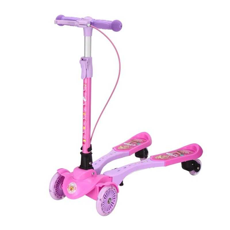 芭比儿童滑板车一键折叠双手刹三挡可调节四轮全闪滑板蛙式滑滑车 粉色女孩女童