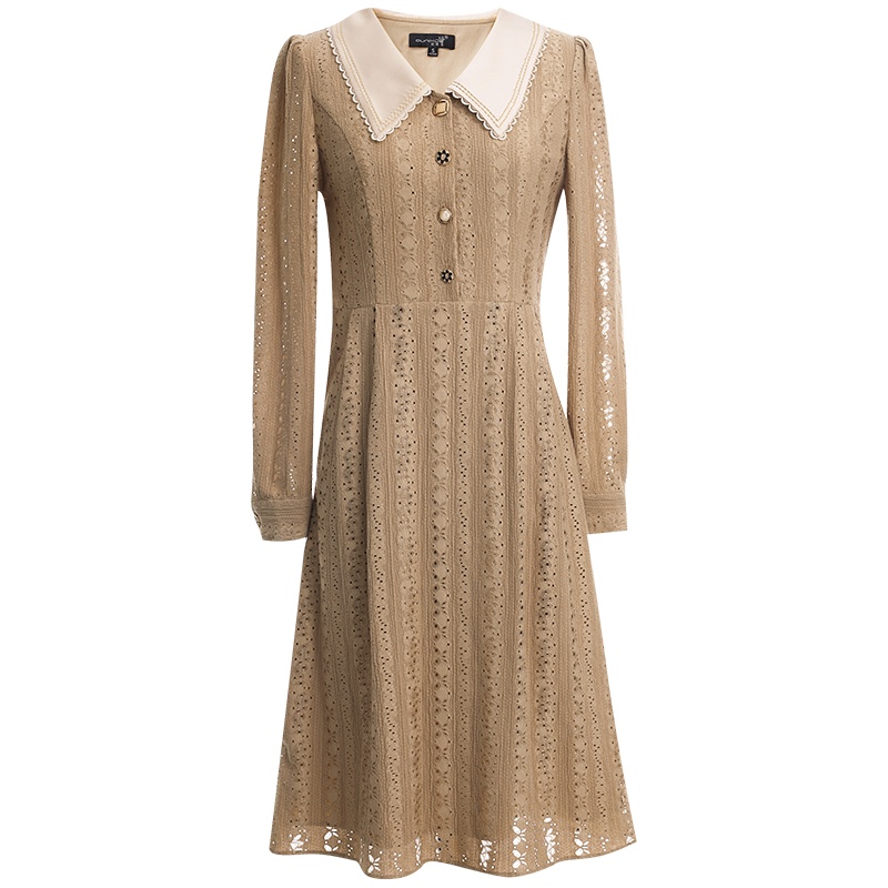 OUNIXUE欧昵雪 | [复古宫廷风蕾丝裙]春秋气质娃娃领显瘦A字裙长袖连衣裙女