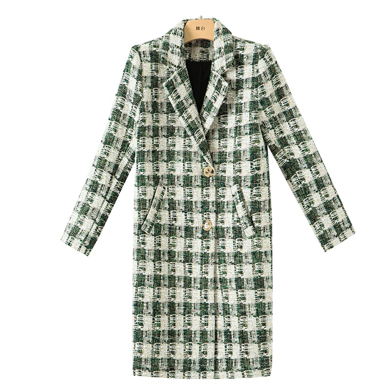 晚白2020冬季新品通勤时尚格子休闲百搭中长款西装毛呢大衣外套女