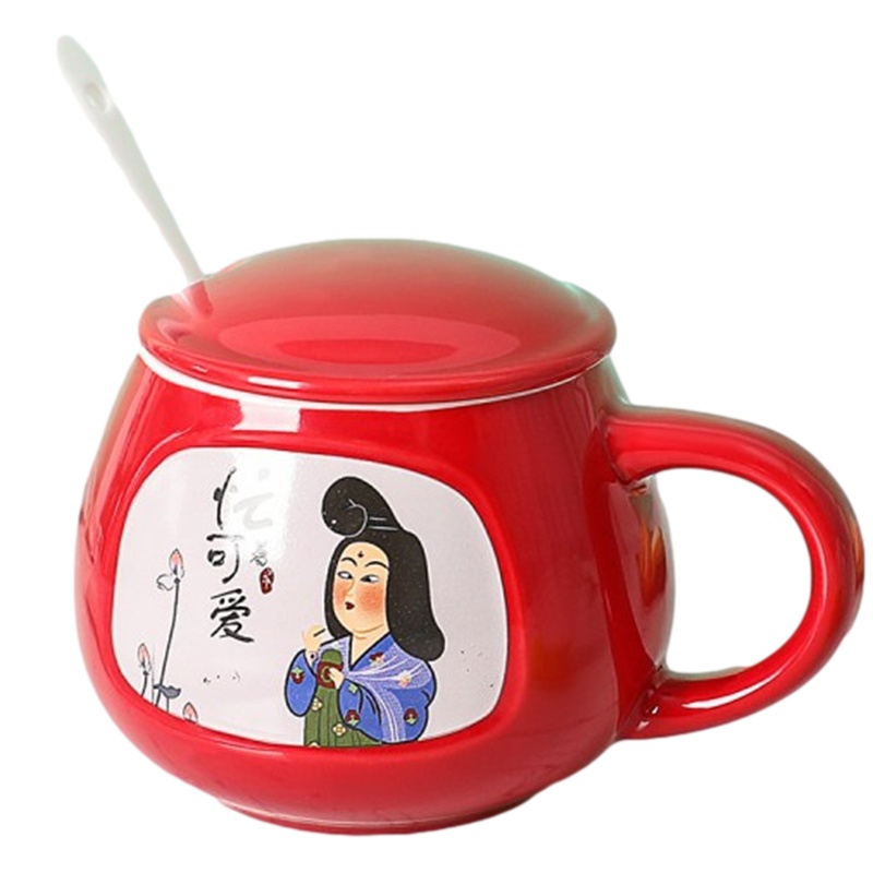 贝瑟斯 古典美和风美人创意陶瓷带盖勺马克杯杯子咖啡杯水杯