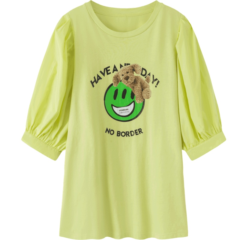 OtherMix灯笼袖汪星人印花t恤女2021年早秋新款宽松圆领短袖上衣