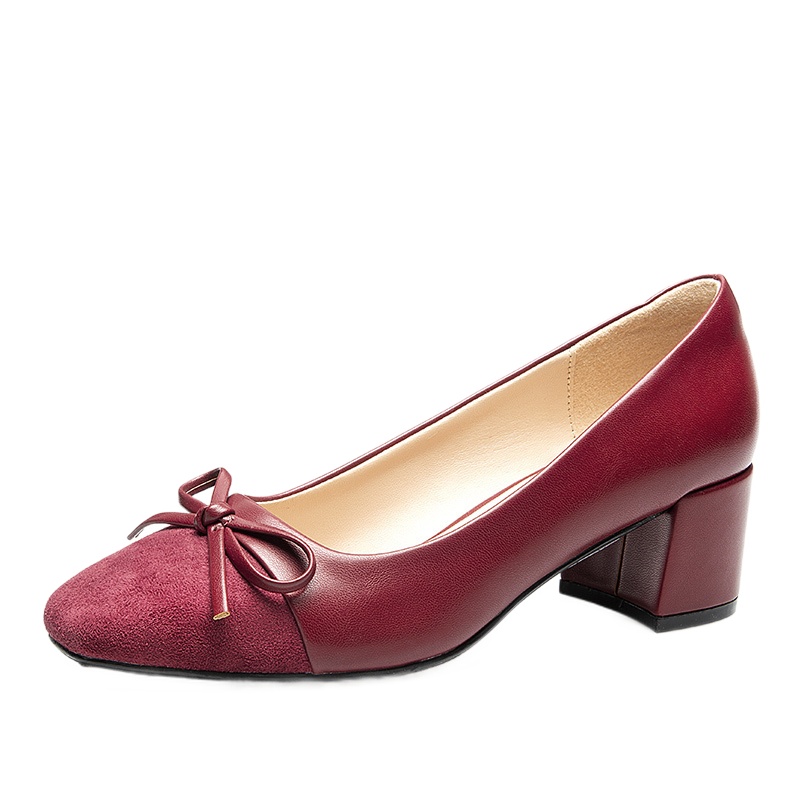 奥康女鞋春秋季OL职场中跟粗跟圆头浅口蝴蝶结单鞋