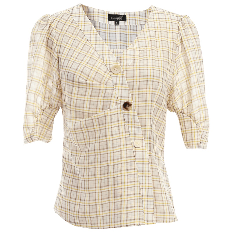 欧昵雪夏季V领不规则收褶短袖小衫女显瘦复古格子上衣