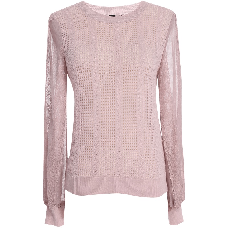 欧昵雪圆领拼接雪纺长袖针织衫女宽松镂空短款毛衣