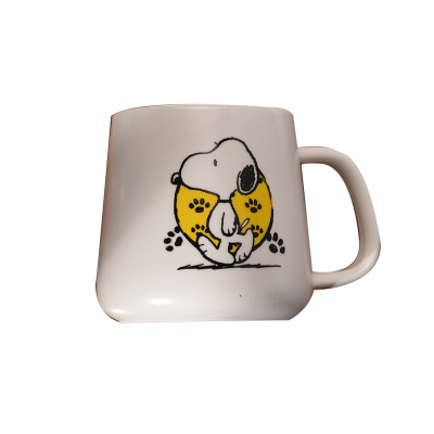 史努比(SNOOPY)创意卡通陶瓷杯子带盖勺马克杯情侣水杯咖啡牛奶杯办公杯 5010W 黑色白色