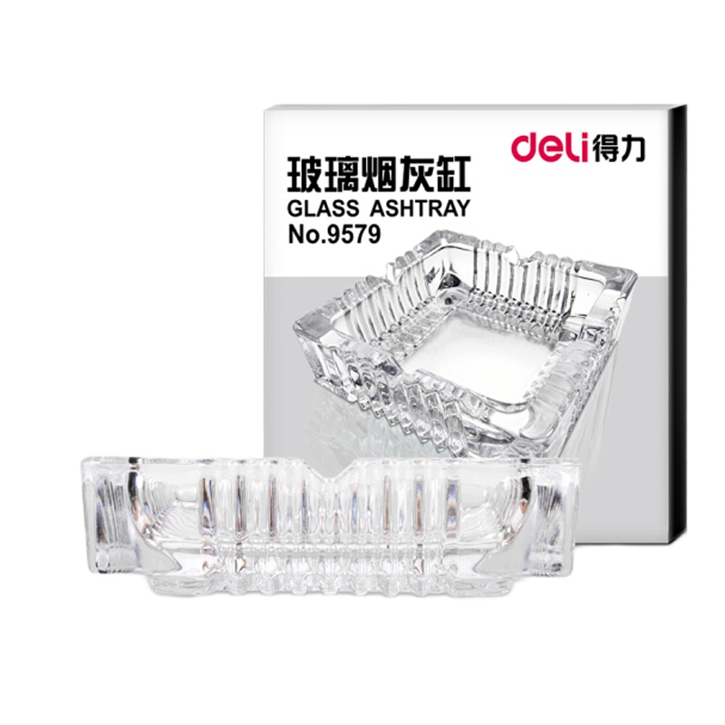 得力 客厅办公透明玻璃缸 简洁大方烟灰缸 15*15cm 9579