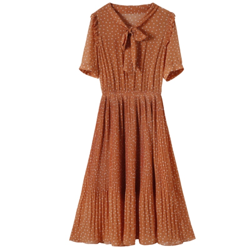 【专柜同款】拉夏贝尔旗下夏季法式小众V领绑带短袖高腰长款波点雪纺连衣裙60301051