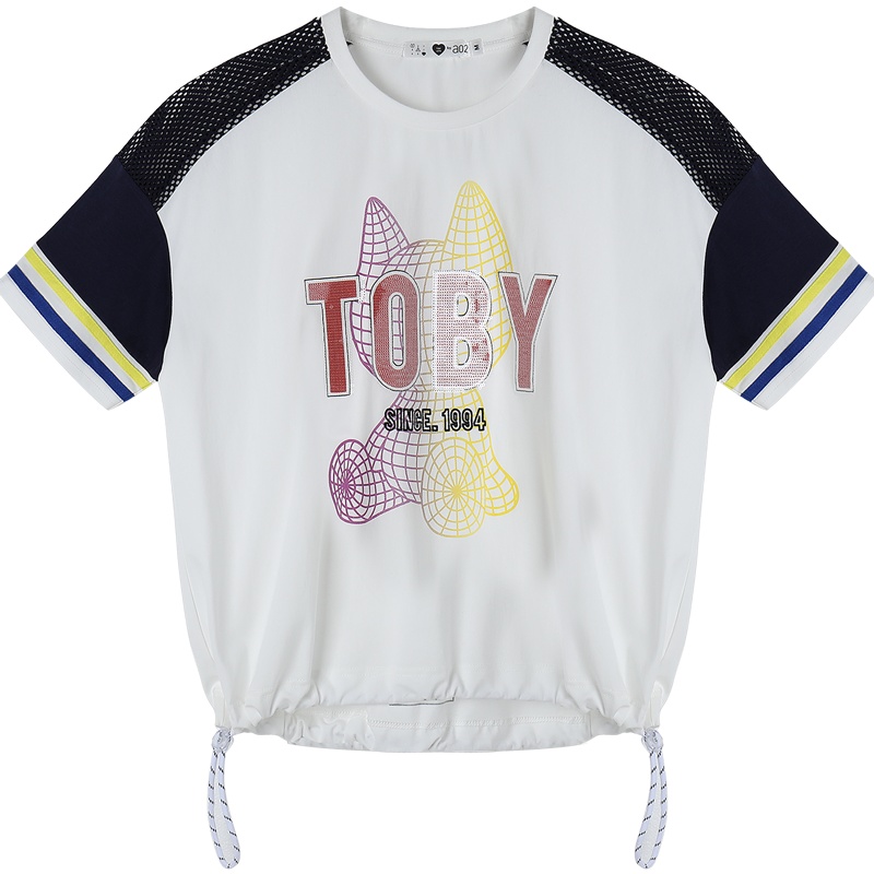 a02商场同款街头风网格拼接亮片印花抽绳T恤女D1U2D0151KT