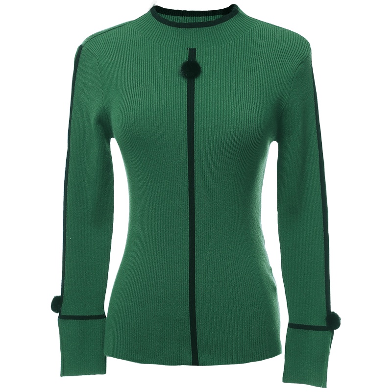 欧昵雪秋冬半高领趣味毛球长袖修身套头打底针织衫女毛衣