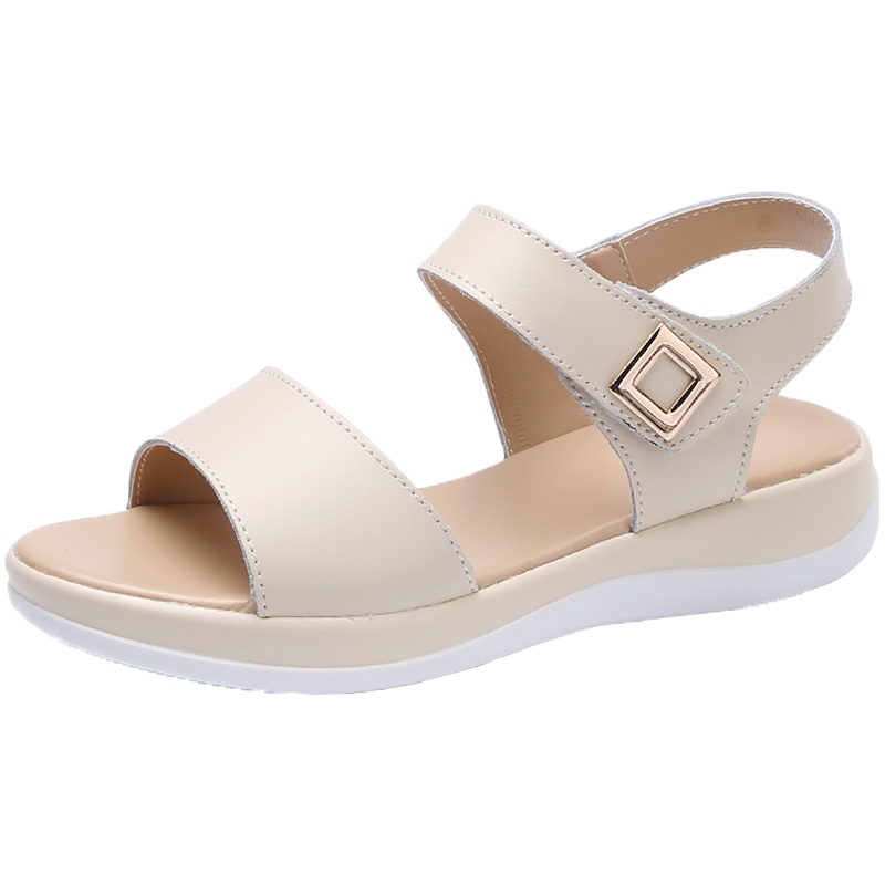 狄恩纪女子热天通风室外逛街白色魔术扣矮跟凉鞋秀气好看米色欧式罗马鞋