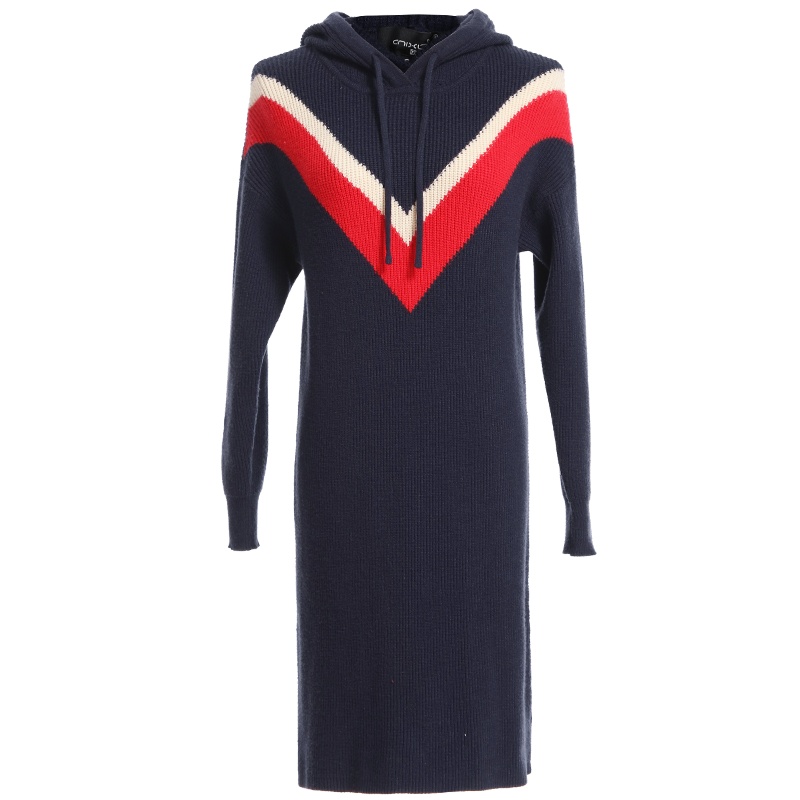 欧昵雪秋冬连帽撞色落肩长袖针织连衣裙女套头显瘦毛衣裙