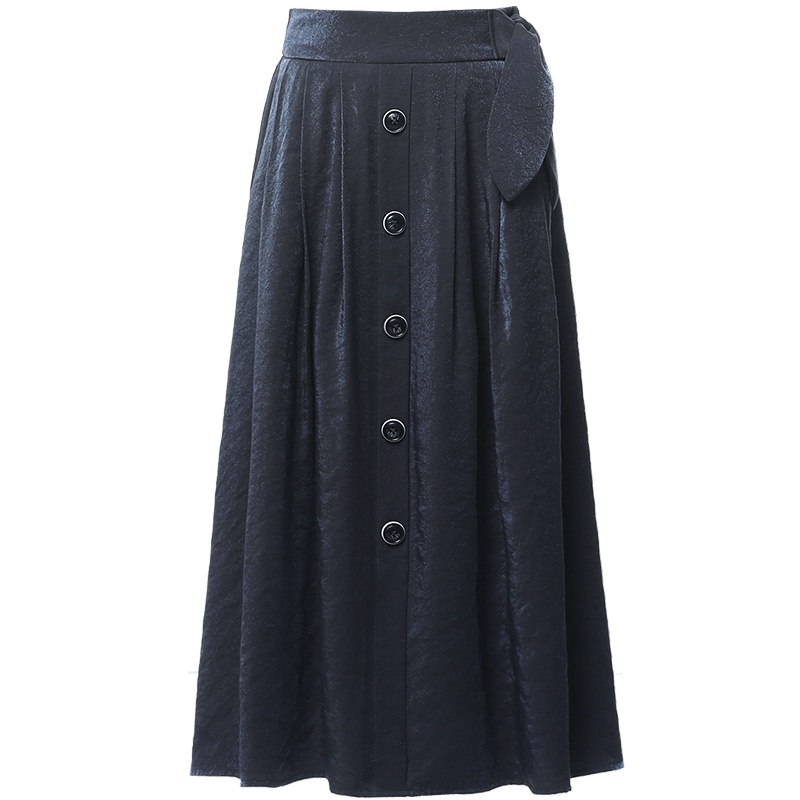 欧昵雪秋装高腰单排扣蝴蝶结亮丝半身裙女中长百褶a字裙