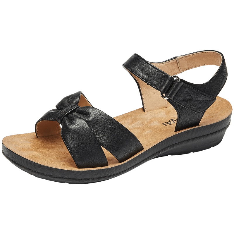 康奈女鞋 夏季新款中老年凉鞋女轻软舒适妈妈凉鞋坡跟时尚魔术贴简约百搭女鞋15294003