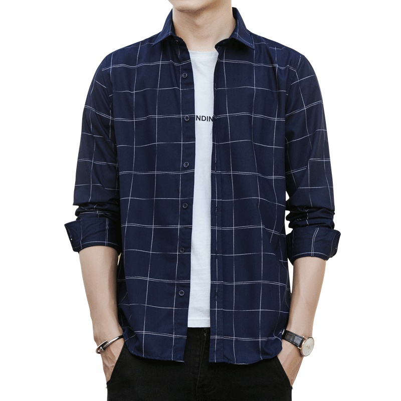 庄吉 2019春秋季修身格子衬衫男长袖休闲潮流韩版帅气男士衬衣JU-SY-98011