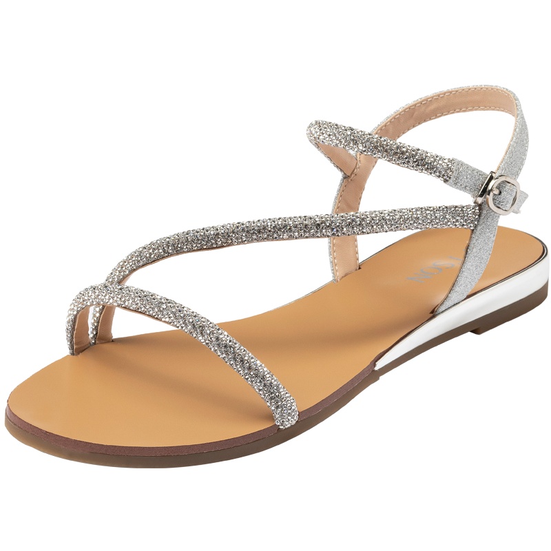 百田森2021夏季新款水钻罗马凉鞋拖鞋圆头平底仙女水晶鞋女