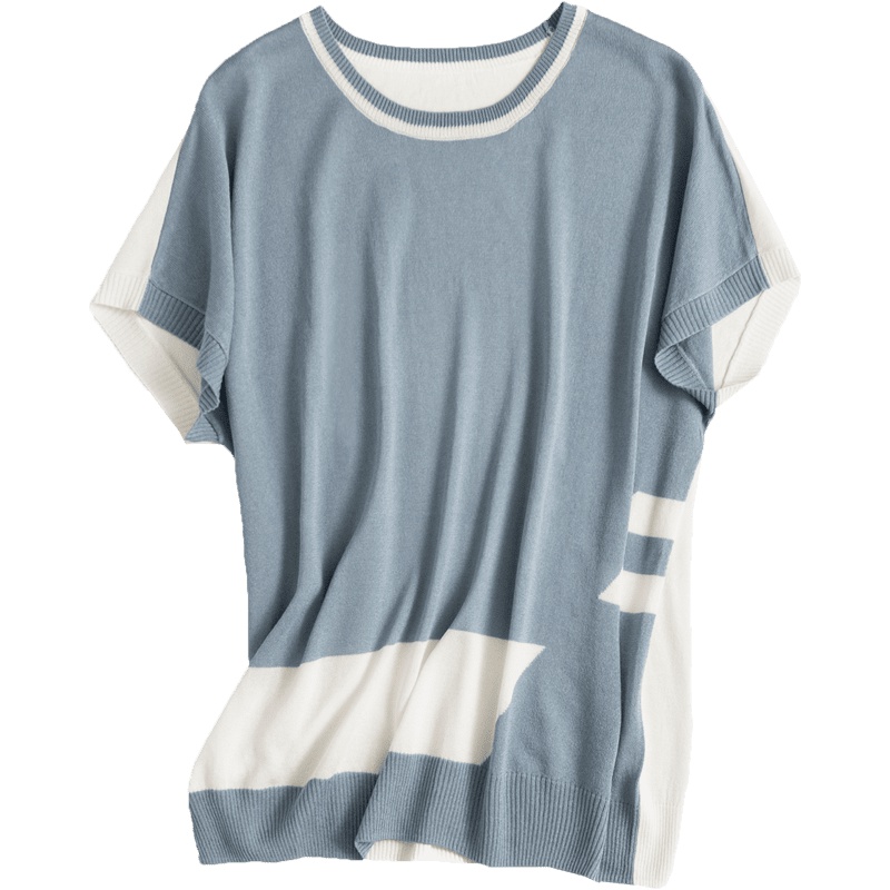 恒源祥拼色针织圆领套头衫女连肩袖百搭T恤 春夏年轻妈妈气质上衣
