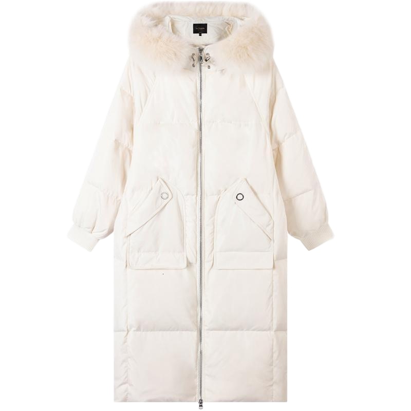 拉夏贝尔东大外套白鸭绒拉夏贝尔冬季女士时尚过膝连帽毛领中长款羽绒服