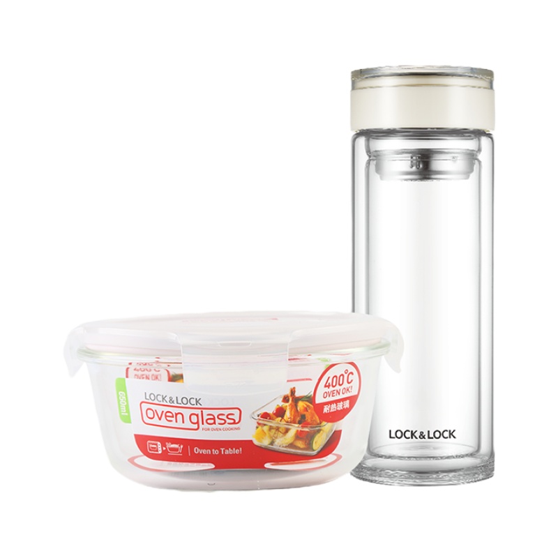乐扣乐扣(Lock&Lock) 格拉斯保鲜盒650ml 双层耐热玻璃水杯300ml 套装
