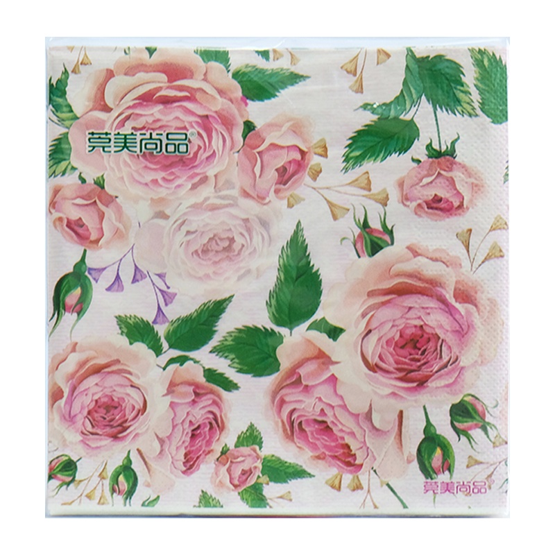 莞美尚品花开富贵粉色玫瑰彩色餐巾纸原生木浆纸巾三层加厚便携装2包