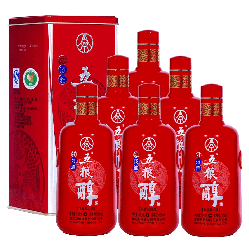 五粮液股份 五粮醇红淡雅 50度浓香型白酒 500ml*6瓶整箱