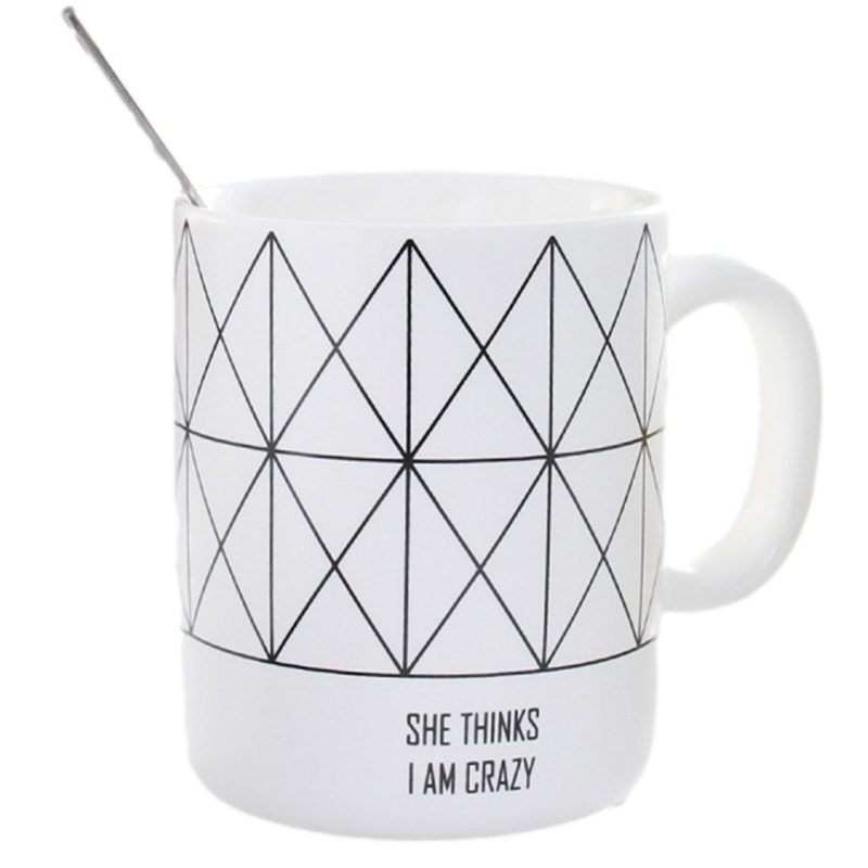 贝瑟斯 条纹图案陶瓷马克杯带盖带勺咖啡杯办公室喝水杯子