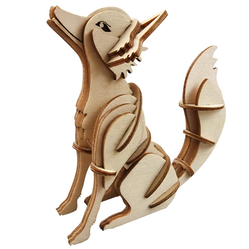 WUDE 狐狸动物木制立体3d拼图木质diy积木玩具儿童手工拼装模型组装插片摆件圣诞礼物