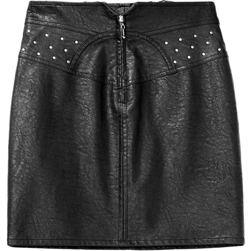 2019爱居兔秋季女装铆钉装饰高腰设计单裙