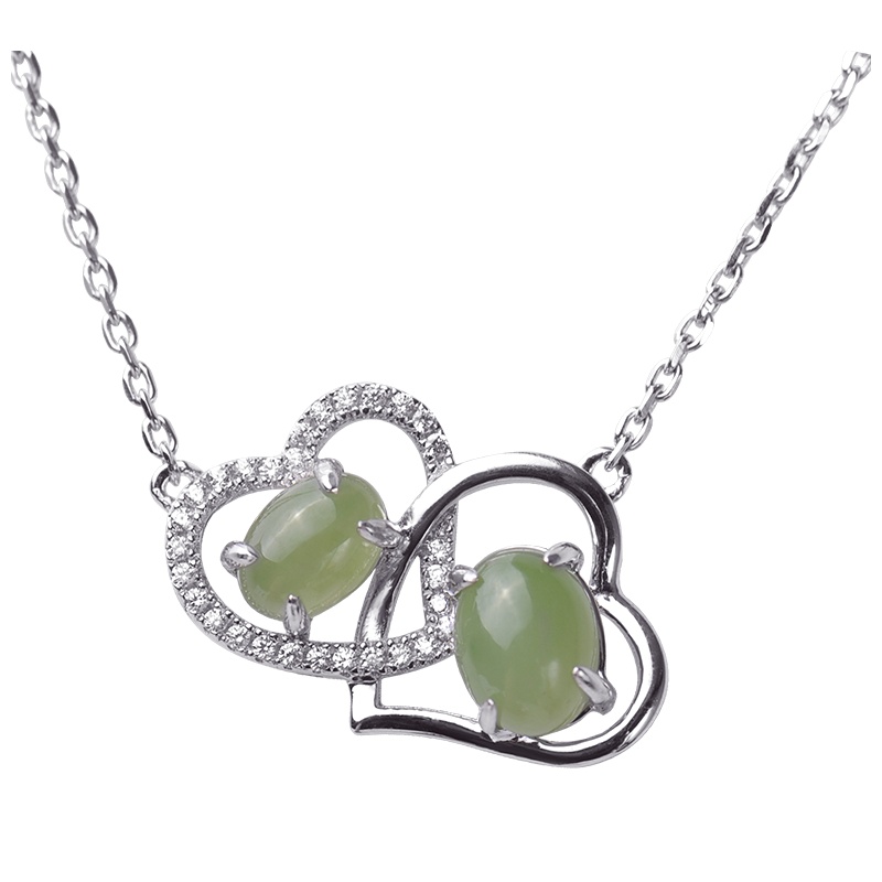 梦克拉Mkela S925银和田玉吊坠 心相印 银镶碧玉心型挂坠心连心玉坠一体链 玉石吊坠
