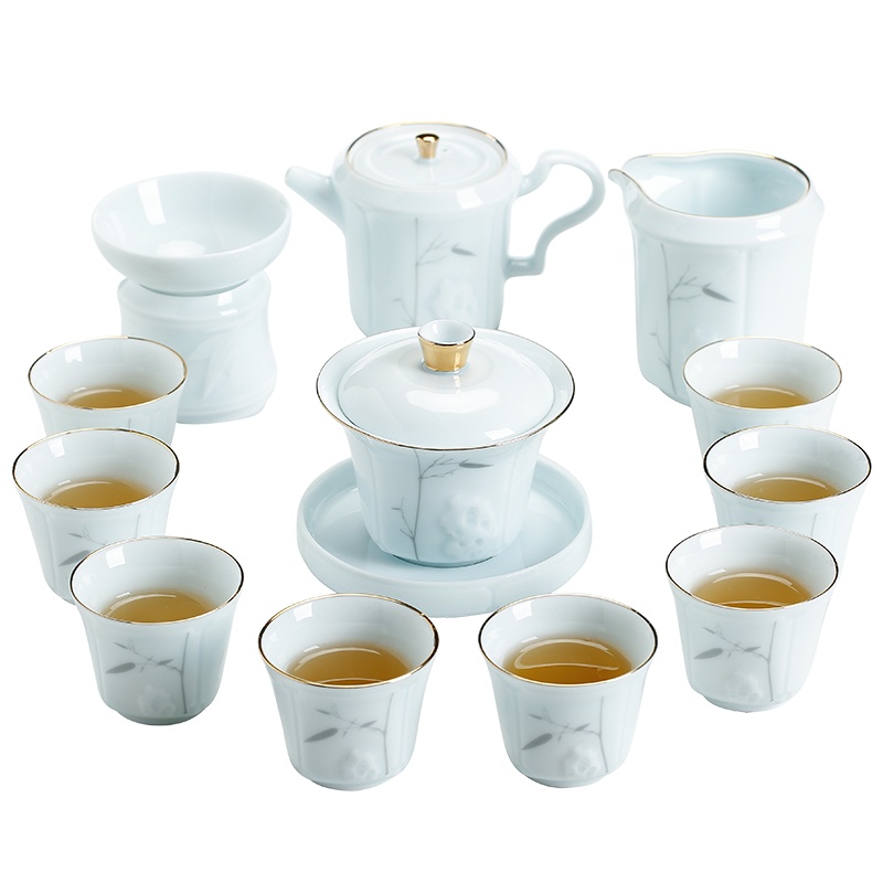 苏氏陶瓷 SUSHI CERAMICS 茶具套装青瓷手绘描金功夫茶具茶杯子礼盒装(三才盖碗+茶壶)