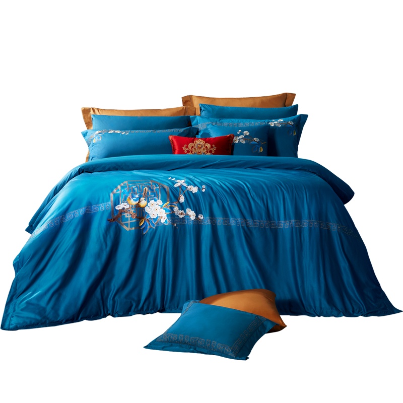 富安娜家纺100支长绒棉国风素绣套件国潮纯棉床单三件套四件套
