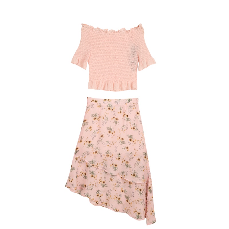 依尚街区一字肩弹力修身上衣雪纺高腰碎花裙两件套小清新套装裙