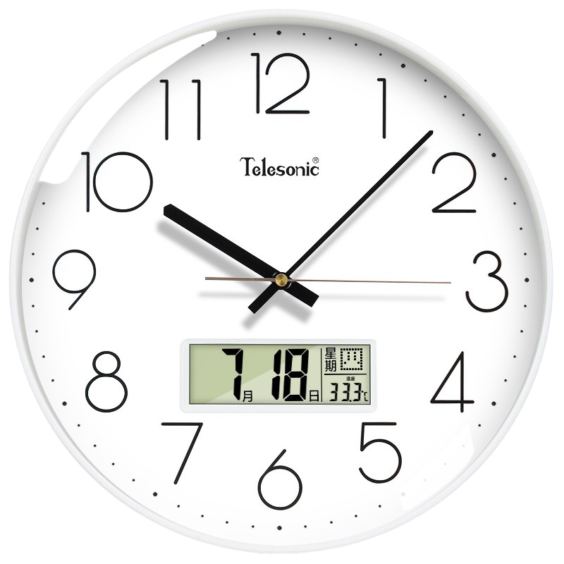 天王星(Telesonic)挂钟 客厅静音万年历钟表3D立体创意双日历温度时钟简约石英钟薄边挂表 纯洁白30CM日历款