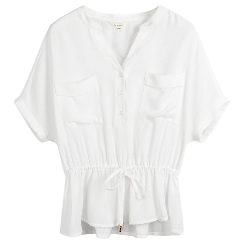 拉夏贝尔拉贝缇夏女短袖韩版气质冷淡风v领上衣收腰衬衫 本白 S